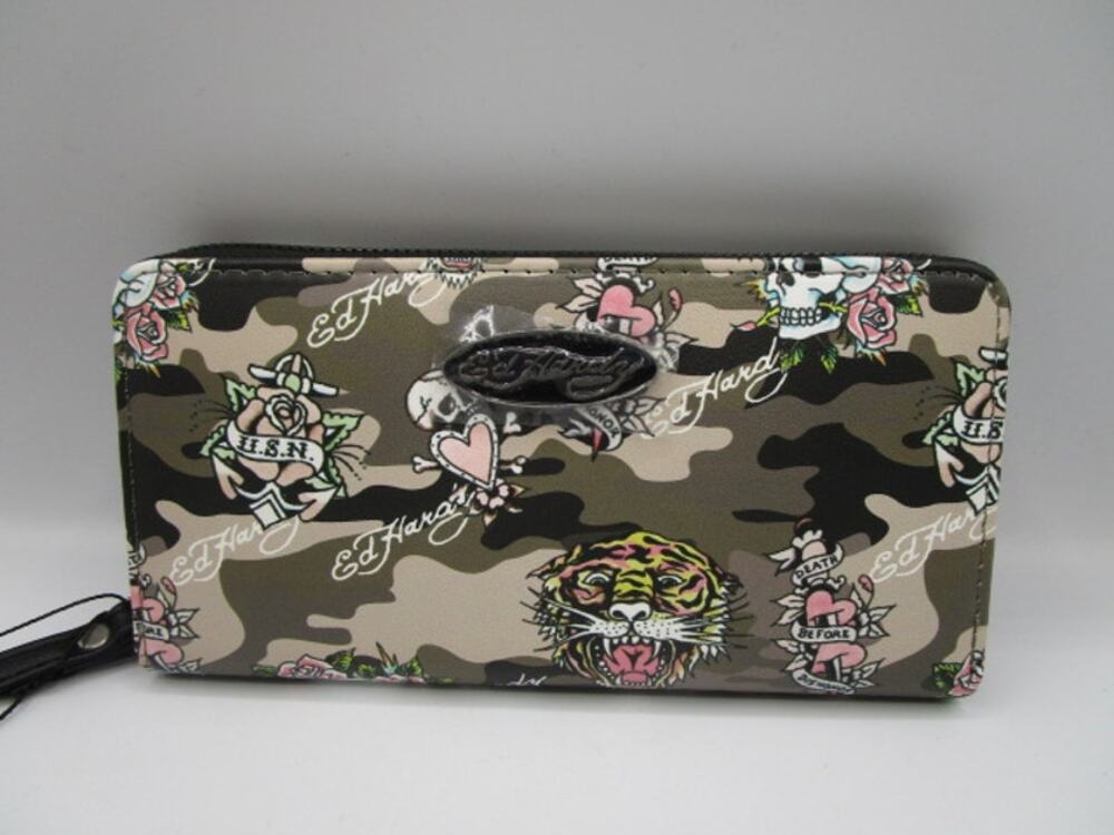 Ed Hardy Camo Brown Green Wristlet Zip Around Wallet Skulls Hearts Tigers